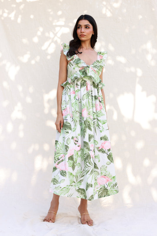 Flamingo Print Maxi Dress featuring Ruffles and a Stylish Back Tie-Knot