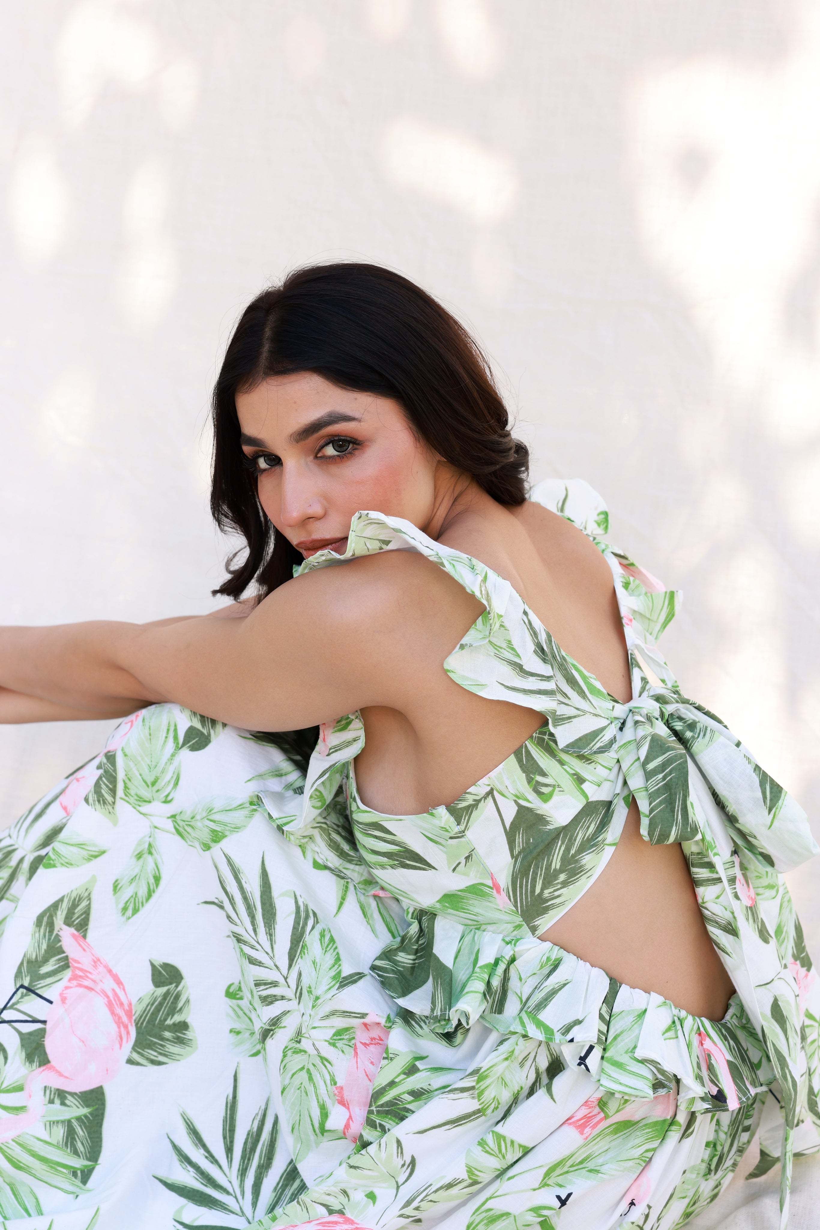 Flamingo Print Maxi Dress featuring Ruffles and a Stylish Back Tie Kno Moonstruck