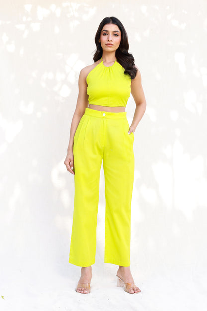 Neon halter neck top with straight pants set