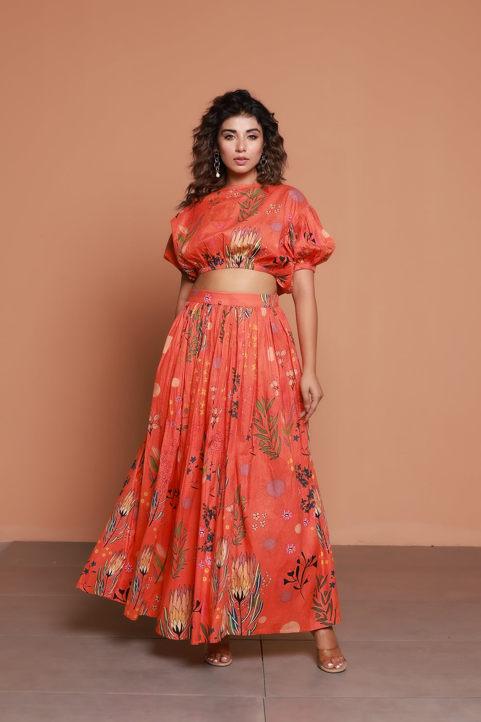 Women Orange Printed Off Shoulder Crop Top With Flared Skirt Co-Ords Set