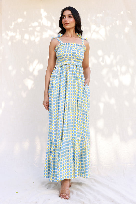 Blue Checkered Maxi Dress with Shoulder Straps and Knot Details