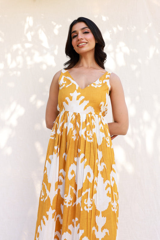 Yellow Printed Maxi Dress with Abstract Design