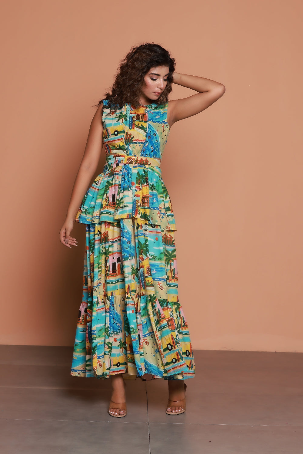 cut out peplum dress Aloha beach print waist cut-out peplum ruffle maxi dress Moonstruck