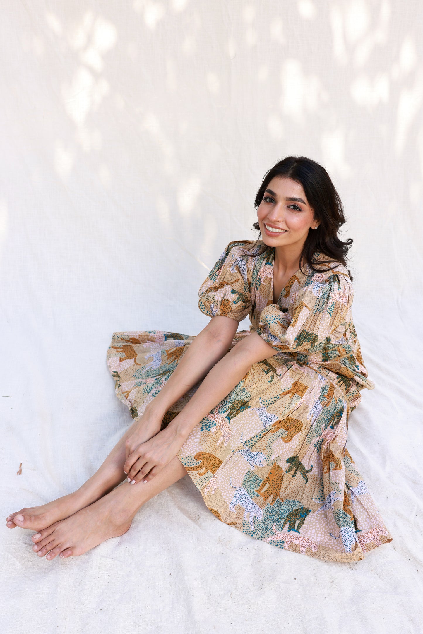 Beige Midi Dress with Abstract Animal Print Design