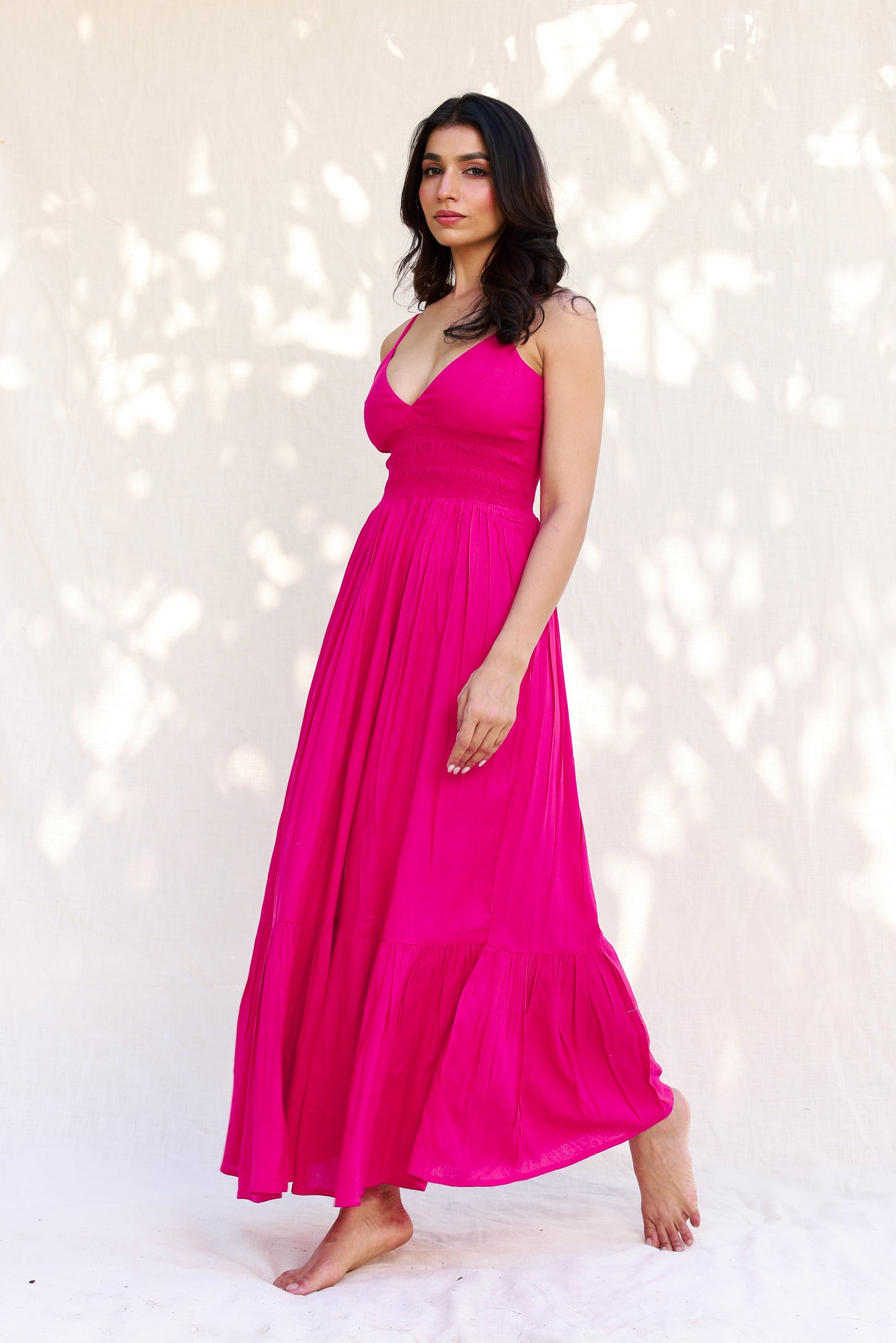Strappy Maxi Dress with Hot Pink Waist Smocking Detail Moonstruck Strappy Maxi Dress with Hot Pink Waist Smocking Detail Moonstruck