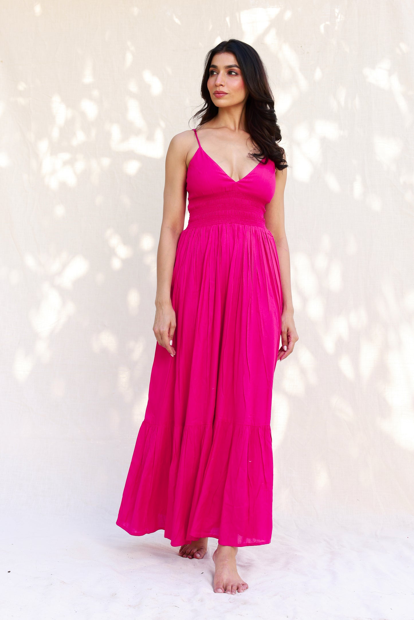 Strappy Maxi Dress with Hot Pink Waist Smocking Detail Moonstruck Strappy Maxi Dress with Hot Pink Waist Smocking Detail Moonstruck