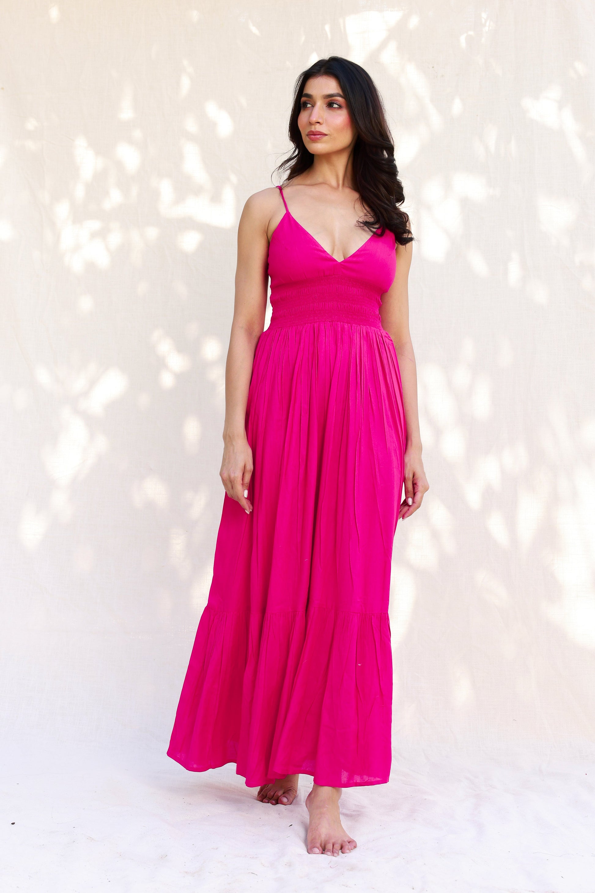 dark pink maxi dress Strappy Maxi Dress with Hot Pink Waist Smocking Detail – Moonstruck