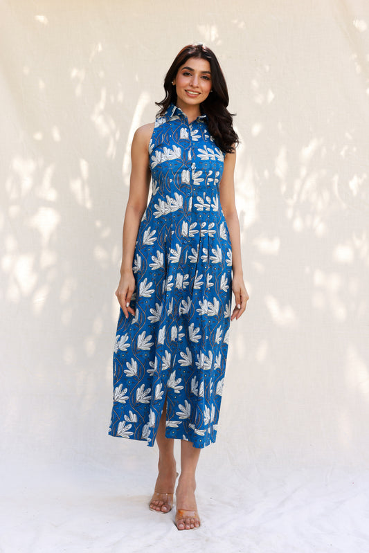 Blue Midi Dress with Abstract Floral Print and Shirt-Style Design