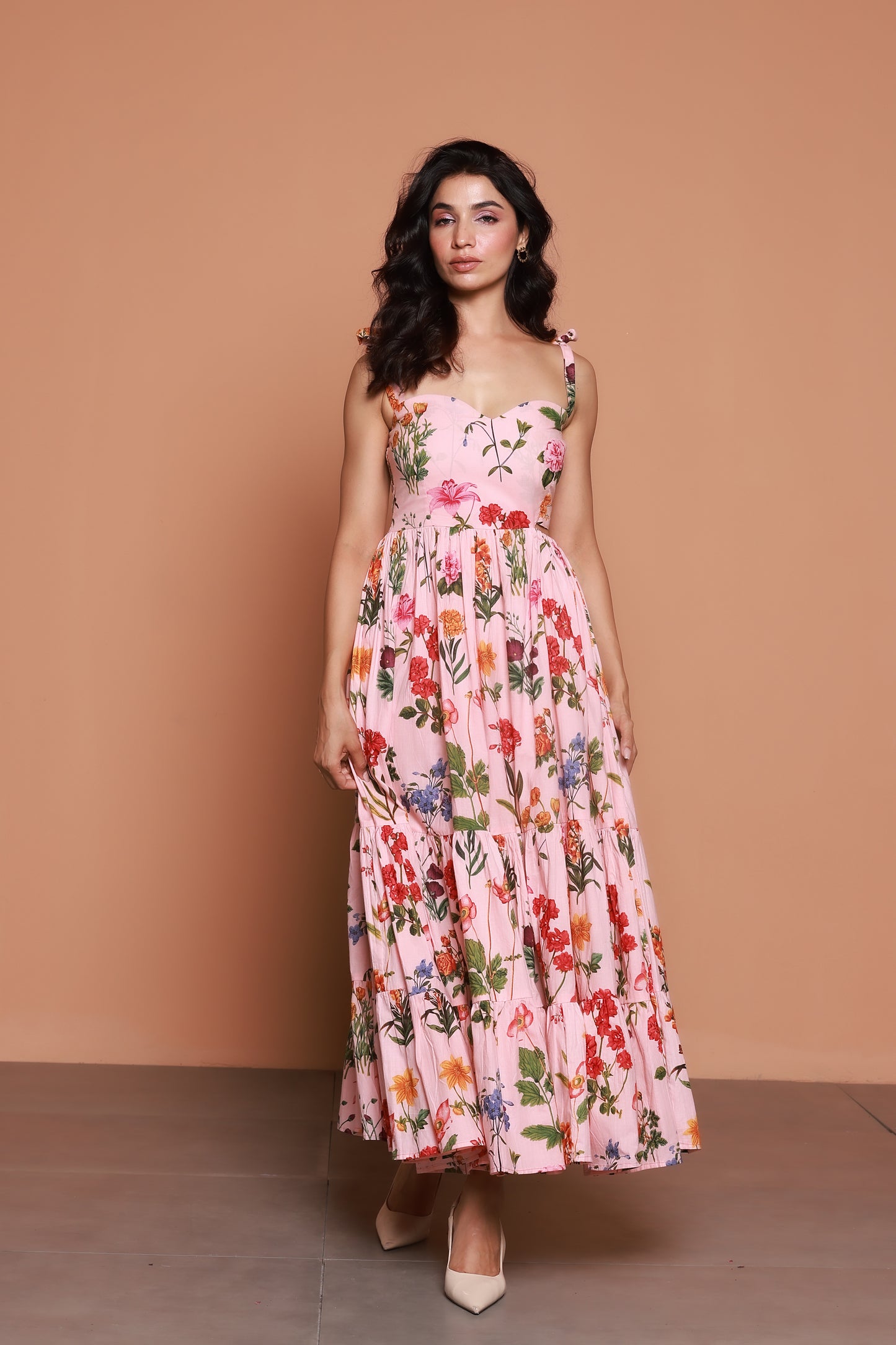 Peach floral tie knot strappy one side-cut maxi dress