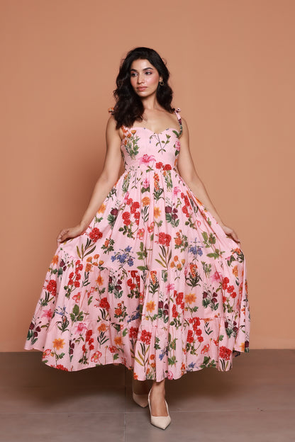 Peach floral tie knot strappy one side-cut maxi dress