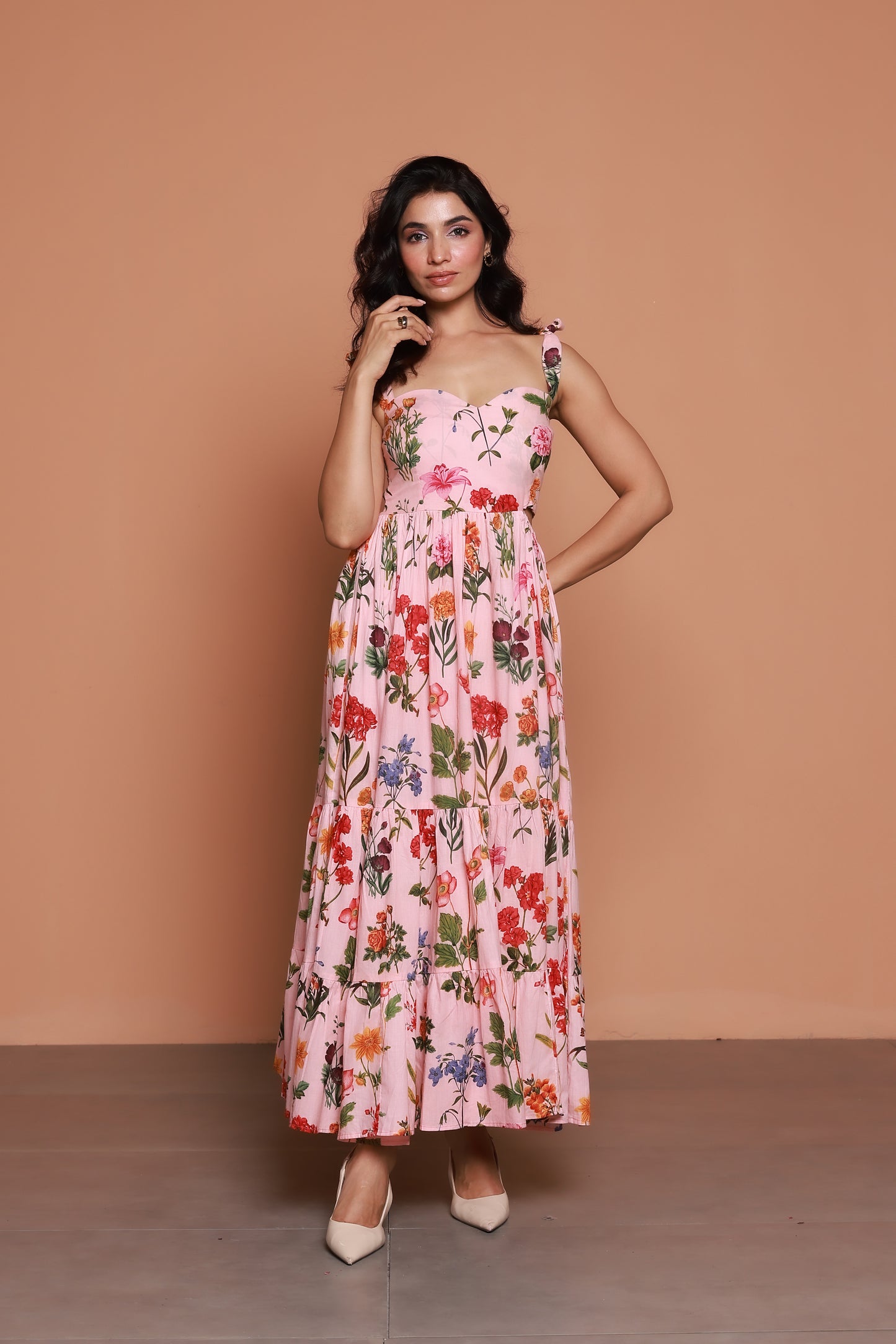 Peach floral tie knot strappy one side-cut maxi dress