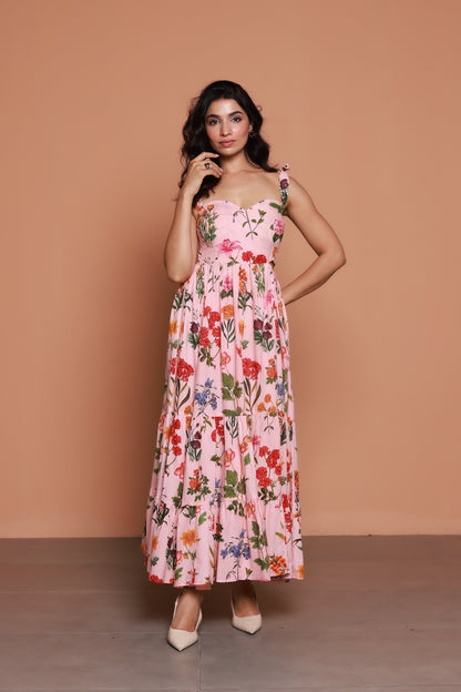 Peach floral tie knot strappy one side-cut maxi dress