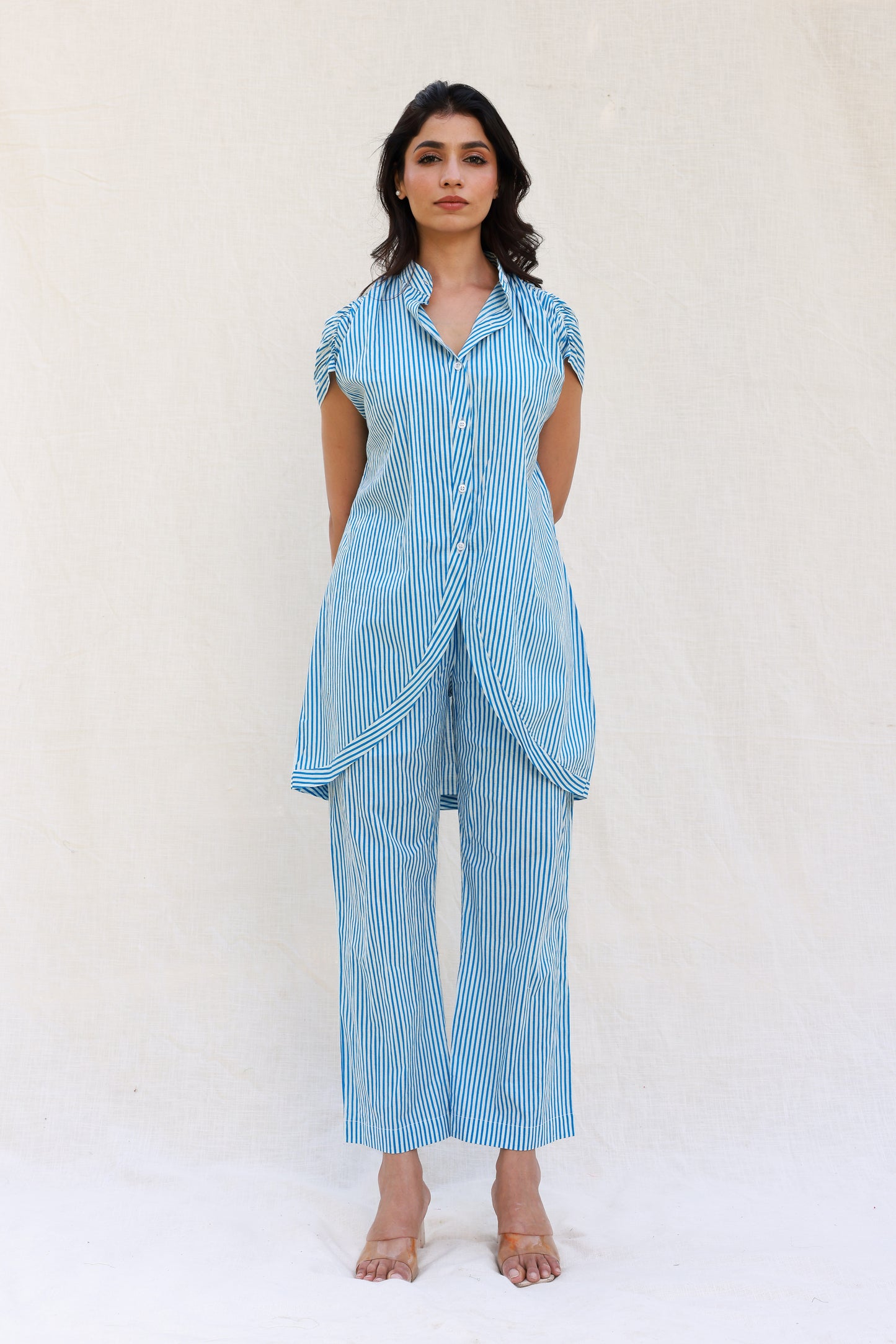 Blue stripped hi-low shirt with pants