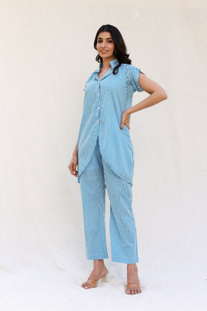 Blue stripped hi-low shirt with pants