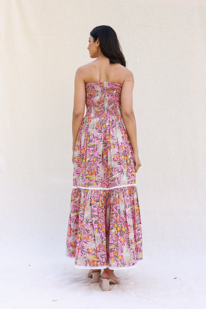Pink Printed Maxi Dress with Smocking and Tube Front Knot