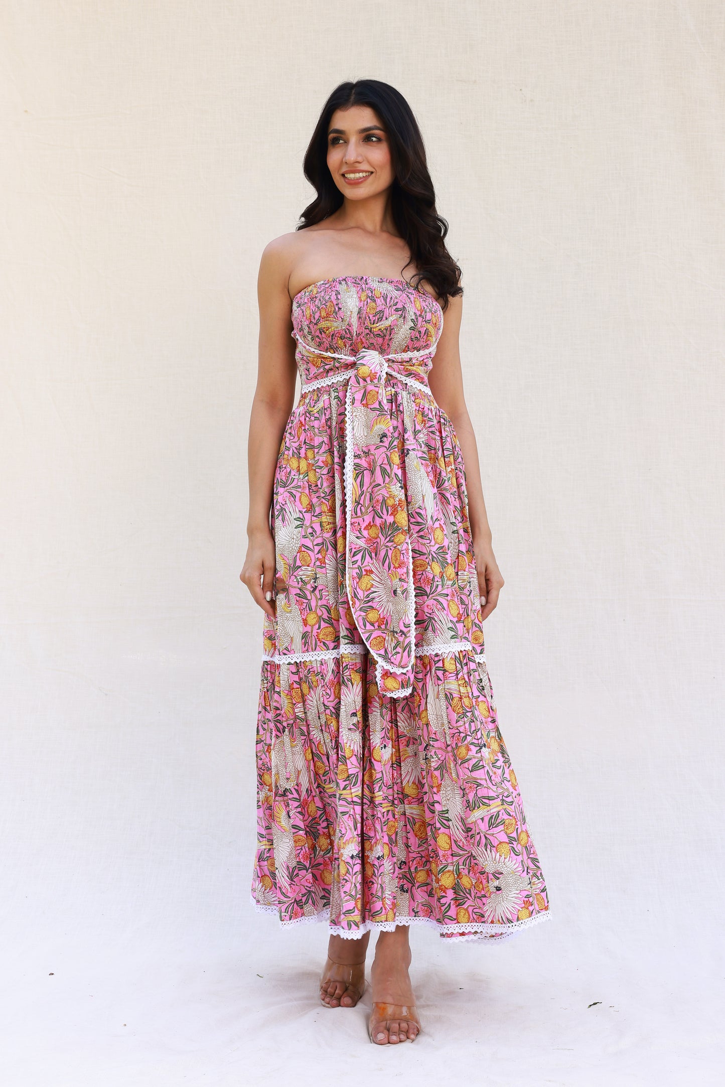 Pink Printed Maxi Dress with Smocking and Tube Front Knot