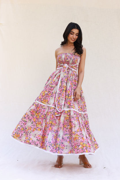 Pink Printed Maxi Dress with Smocking and Tube Front Knot