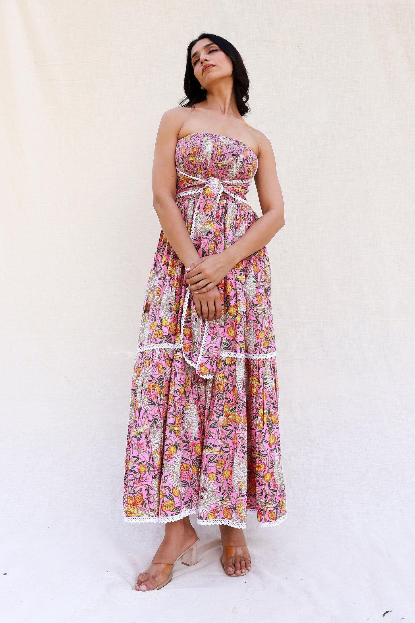 Pink Printed Maxi Dress with Smocking and Tube Front Knot