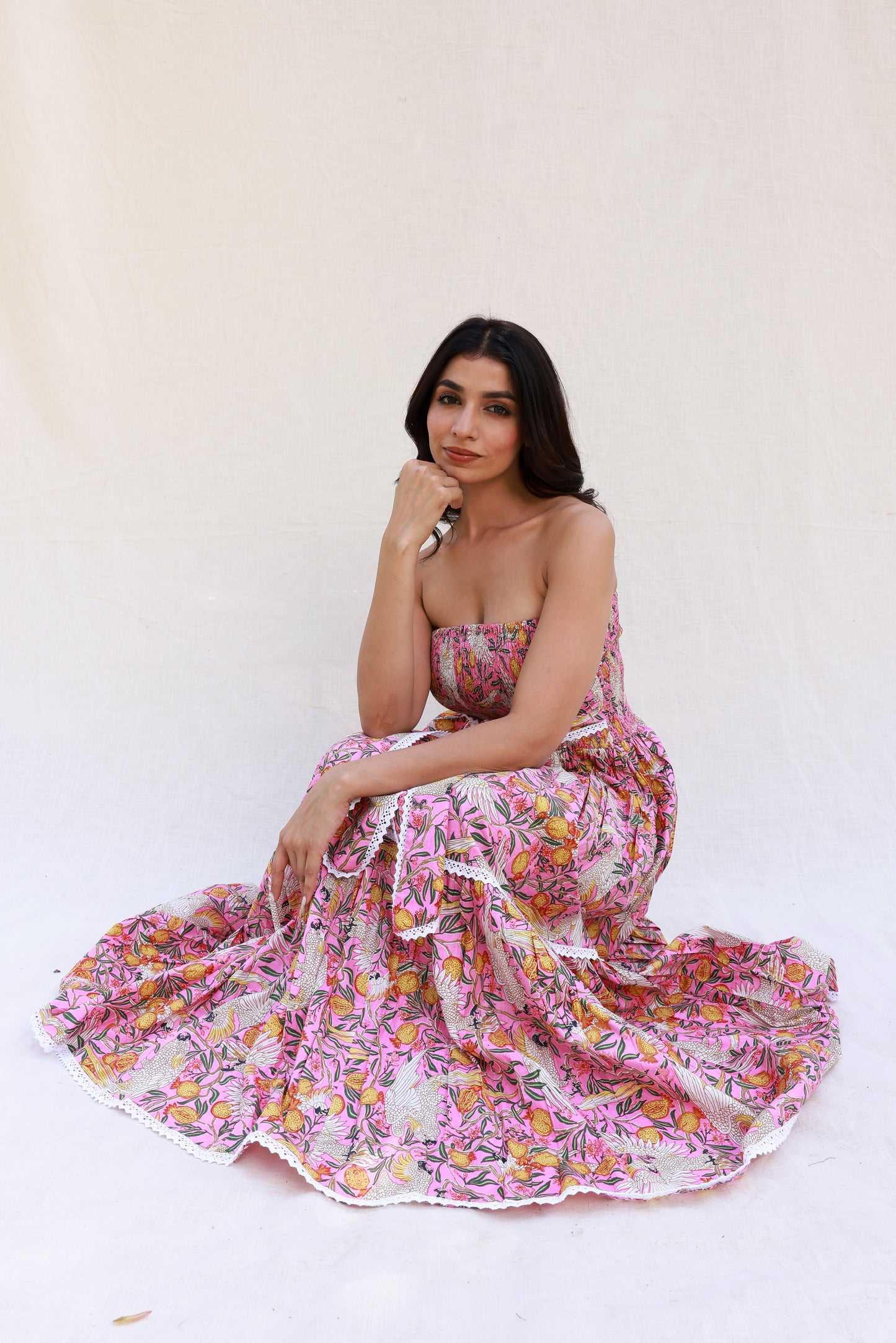 Pink Printed Maxi Dress with Smocking and Tube Front Knot