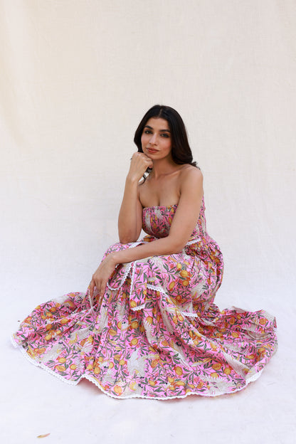 Pink Printed Maxi Dress with Smocking and Tube Front Knot