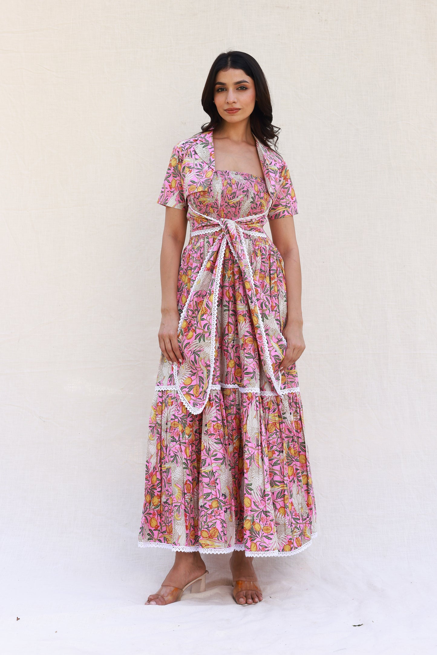 Pink Maxi Dress with Smocking and Tube Front Knot, Includes Cropped Jacket
