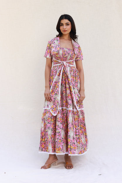Pink Maxi Dress with Smocking and Tube Front Knot, Includes Cropped Jacket
