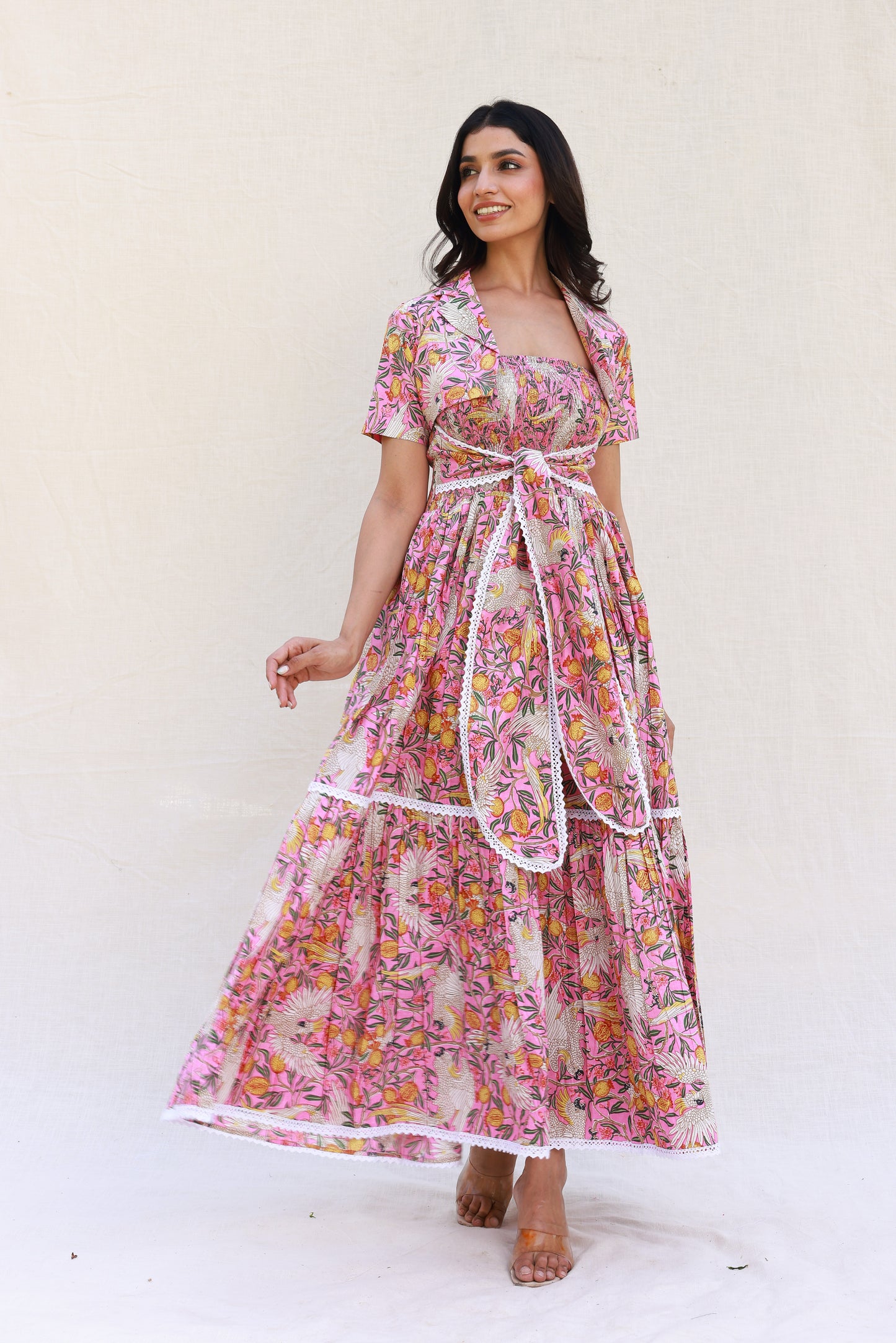 Pink Maxi Dress with Smocking and Tube Front Knot, Includes Cropped Jacket