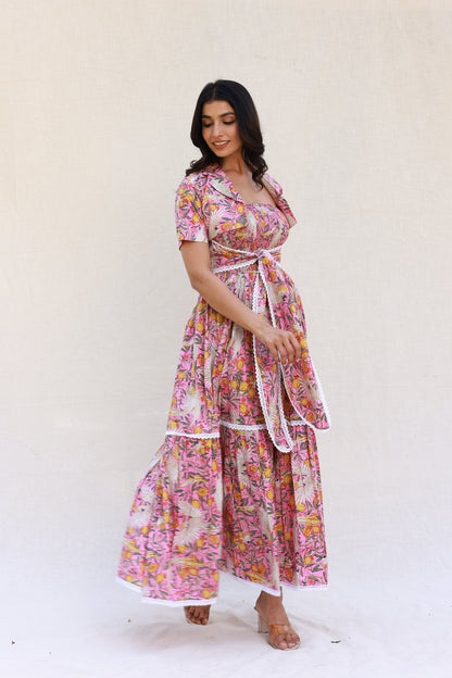 Pink Maxi Dress with Smocking and Tube Front Knot, Includes Cropped Jacket