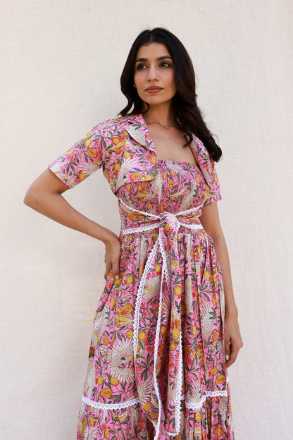 Pink Maxi Dress with Smocking and Tube Front Knot, Includes Cropped Jacket