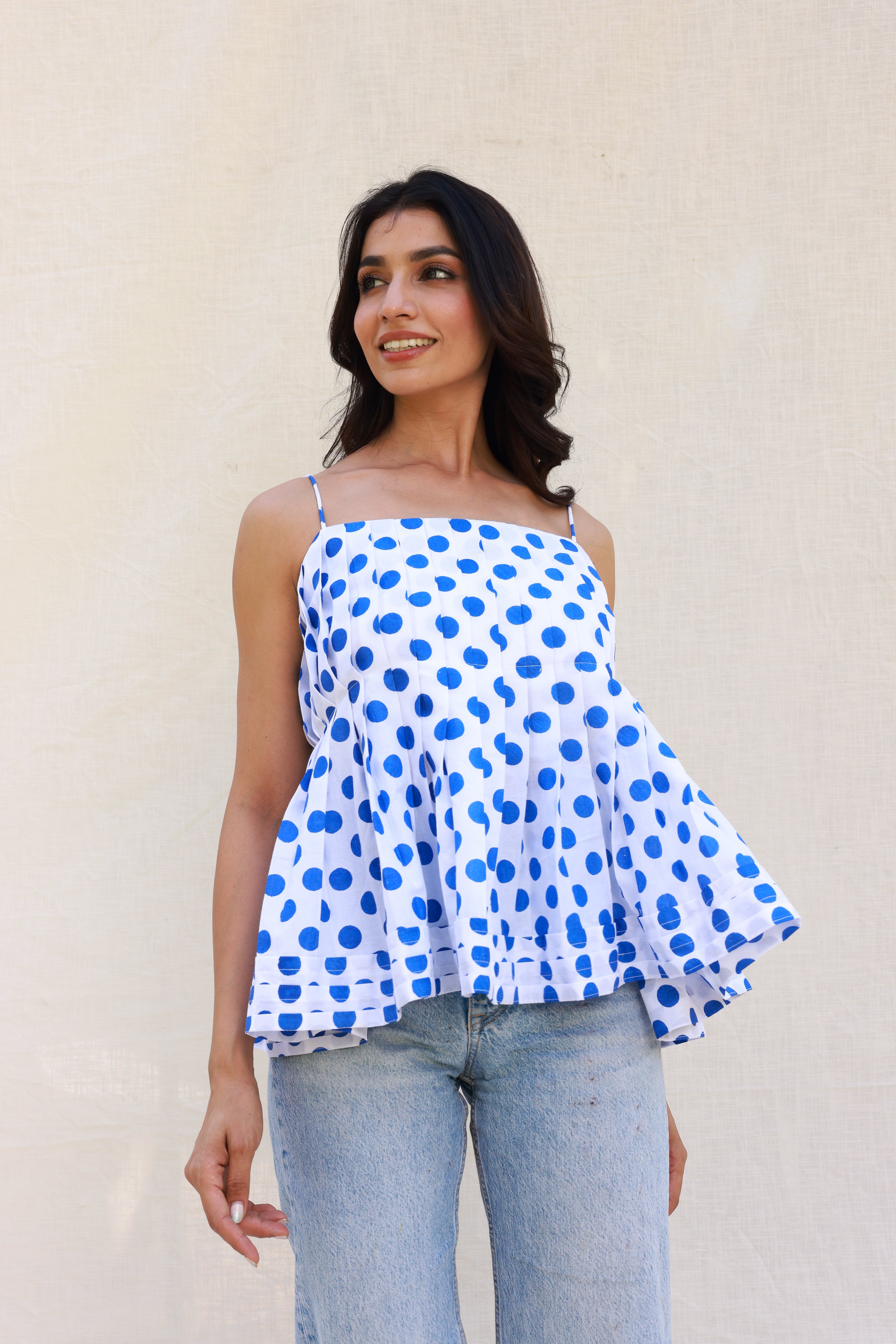 Pleated Peplum Top with Polka Dots