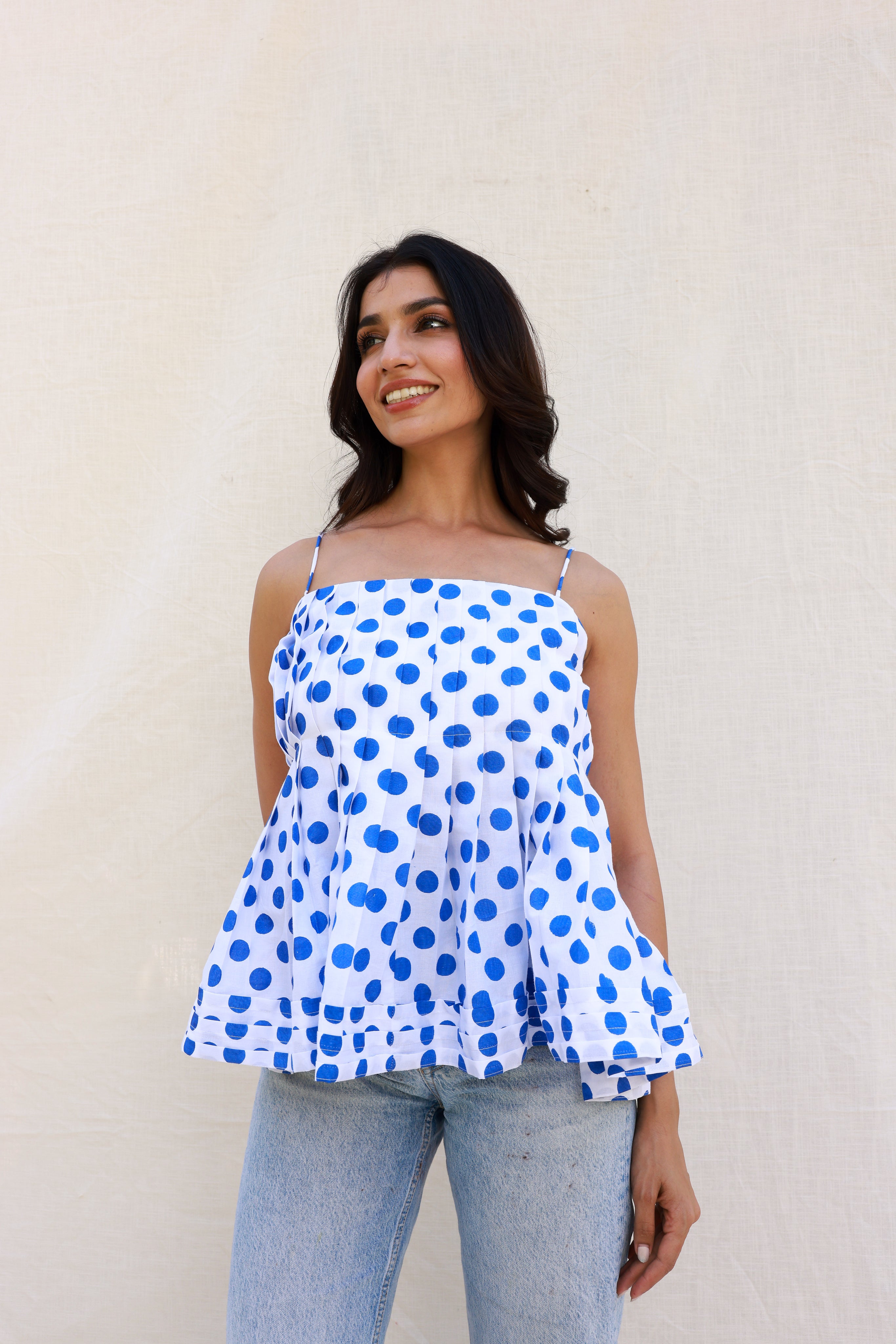 Pleated Peplum Top with Polka Dots