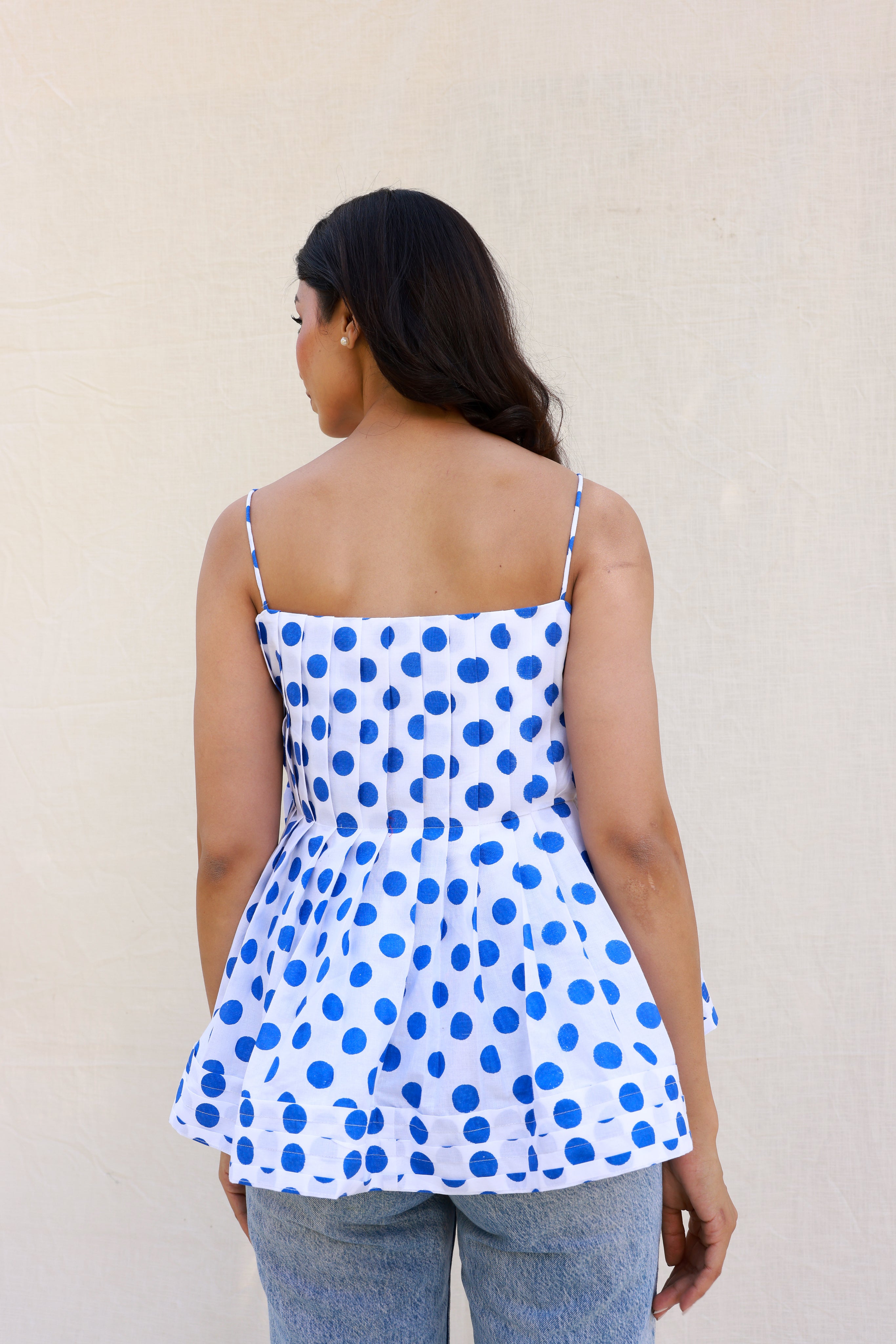 Pleated Peplum Top with Polka Dots