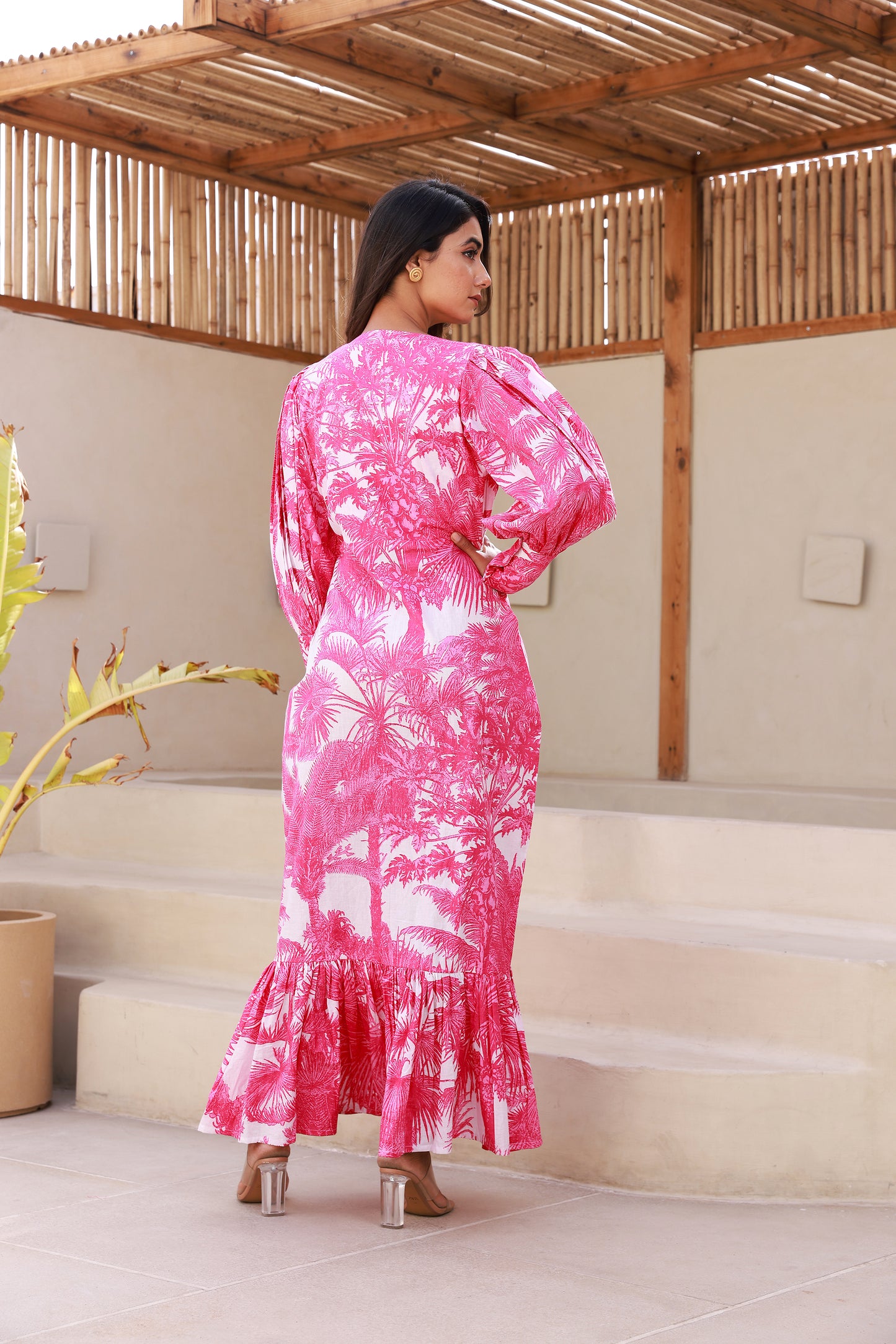 Hem Ruffle Maxi Dress featuring Pink Palm Print