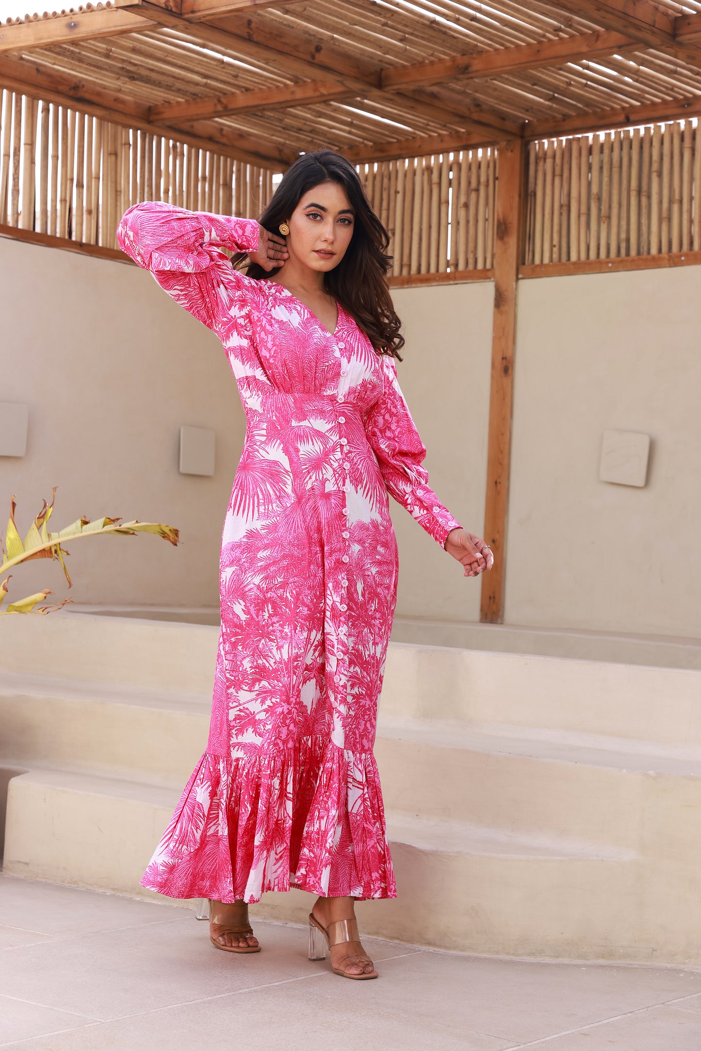 Hem Ruffle Maxi Dress featuring Pink Palm Print