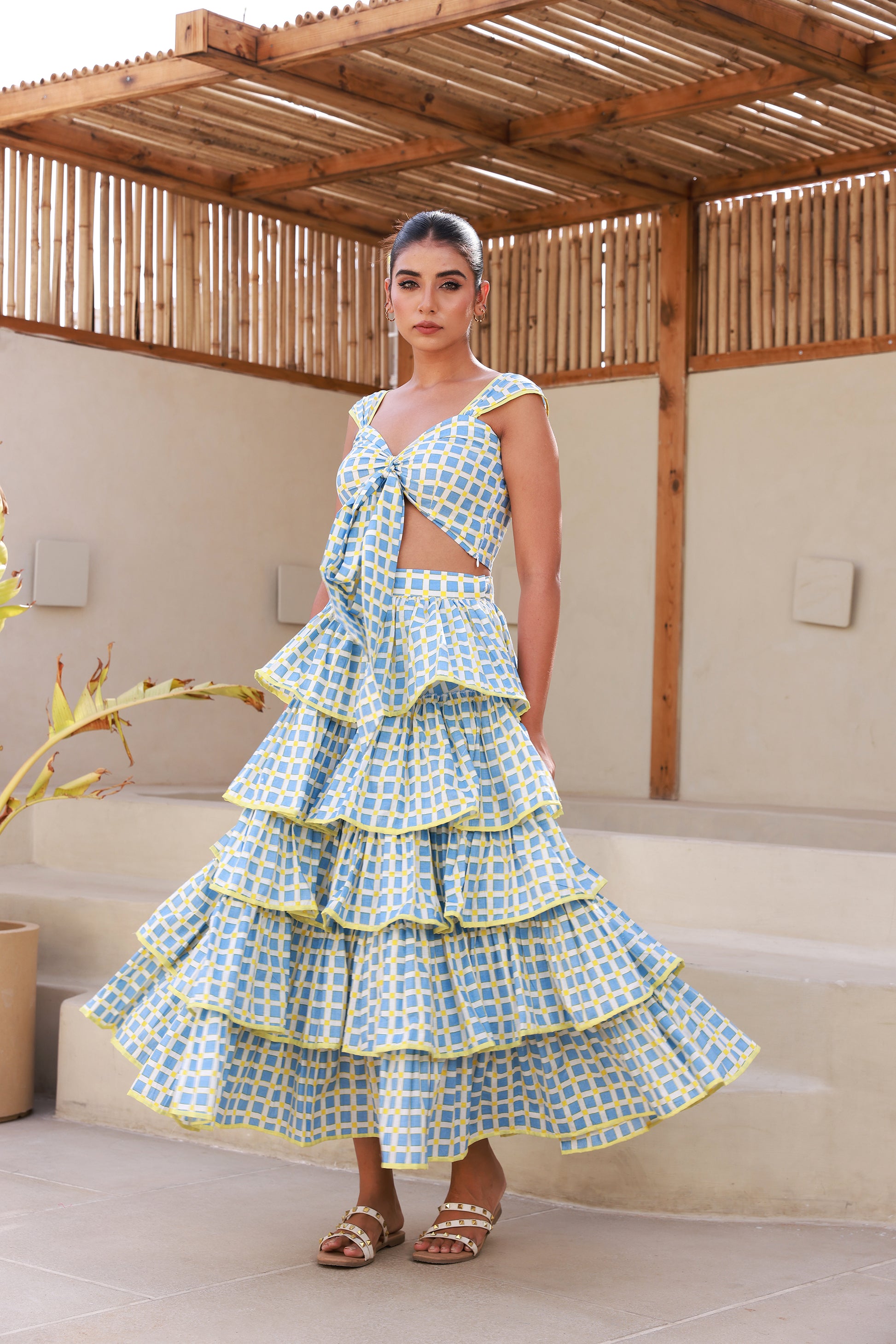 Blue Checkerred Bustier with Layered Ruffle Skirt Set – Moonstruck