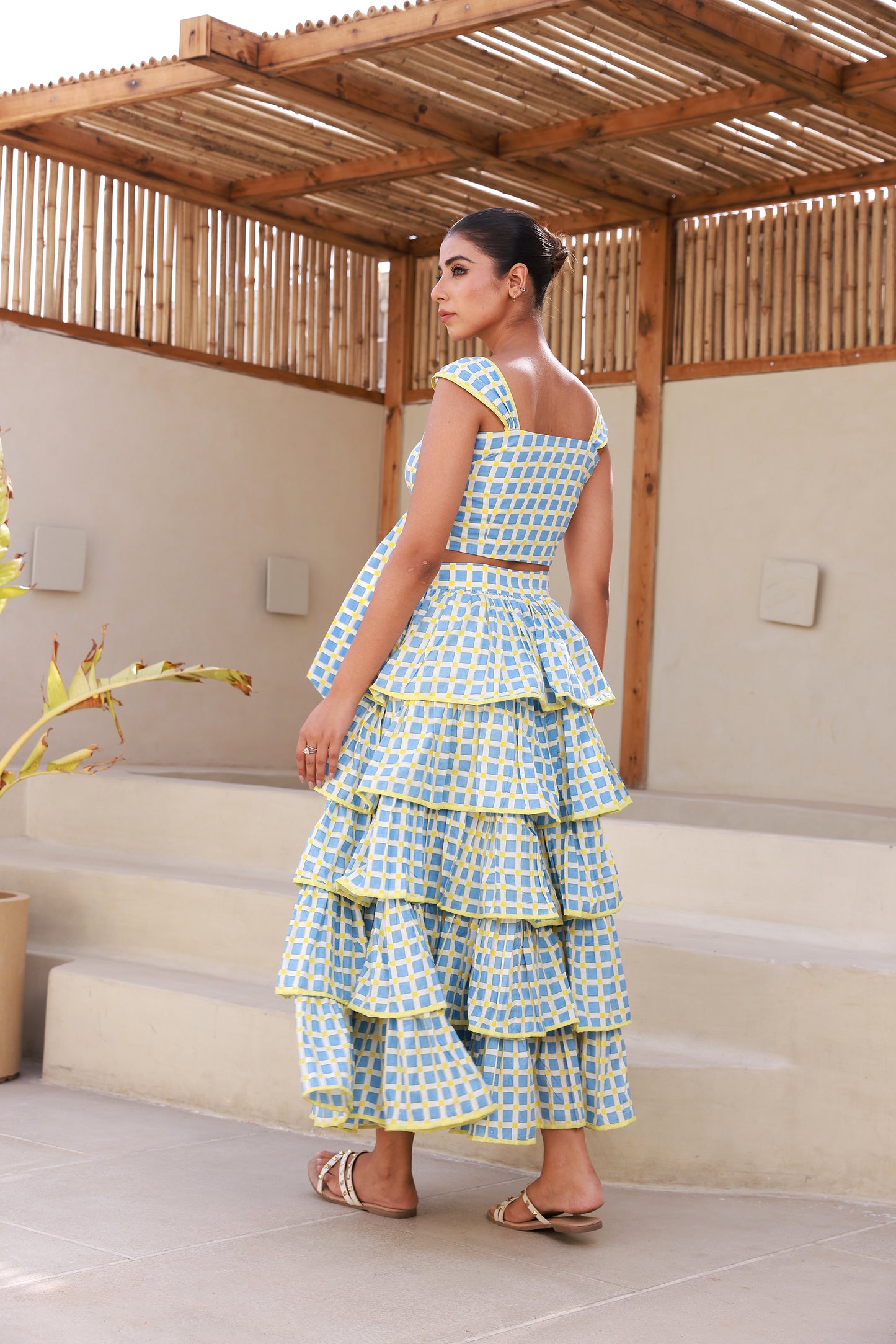 Blue Checkerred Bustier with Layered Ruffle Skirt Set