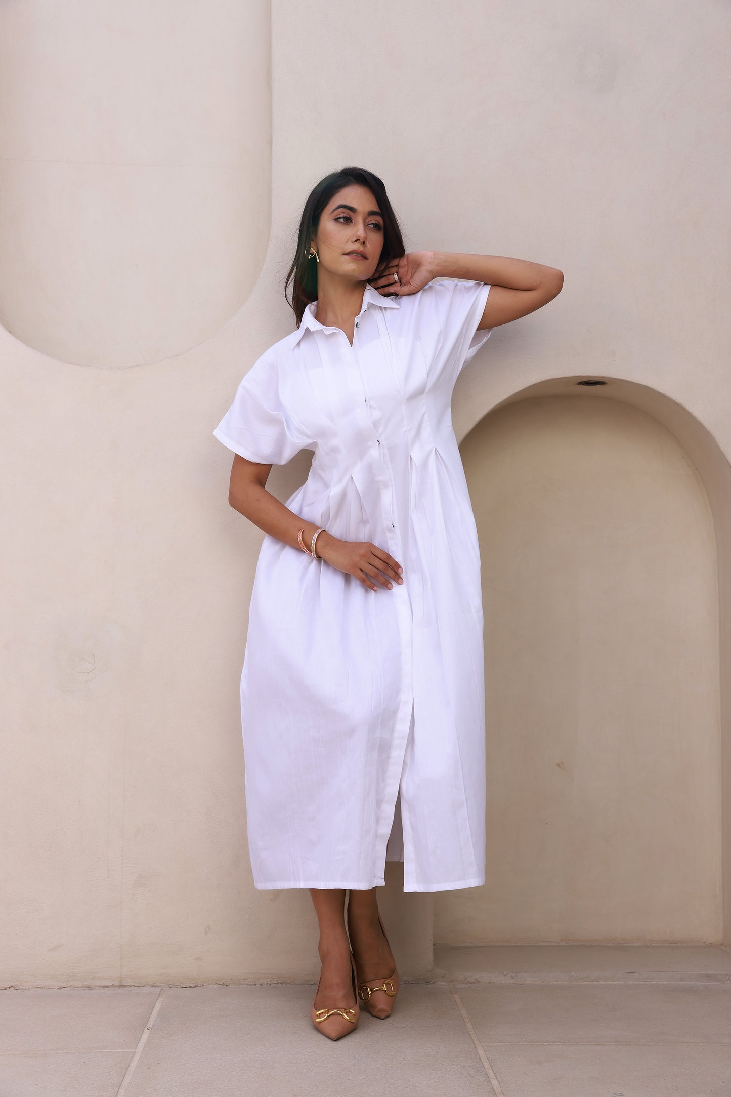 White Open Pleates Maxi Shirt Dress