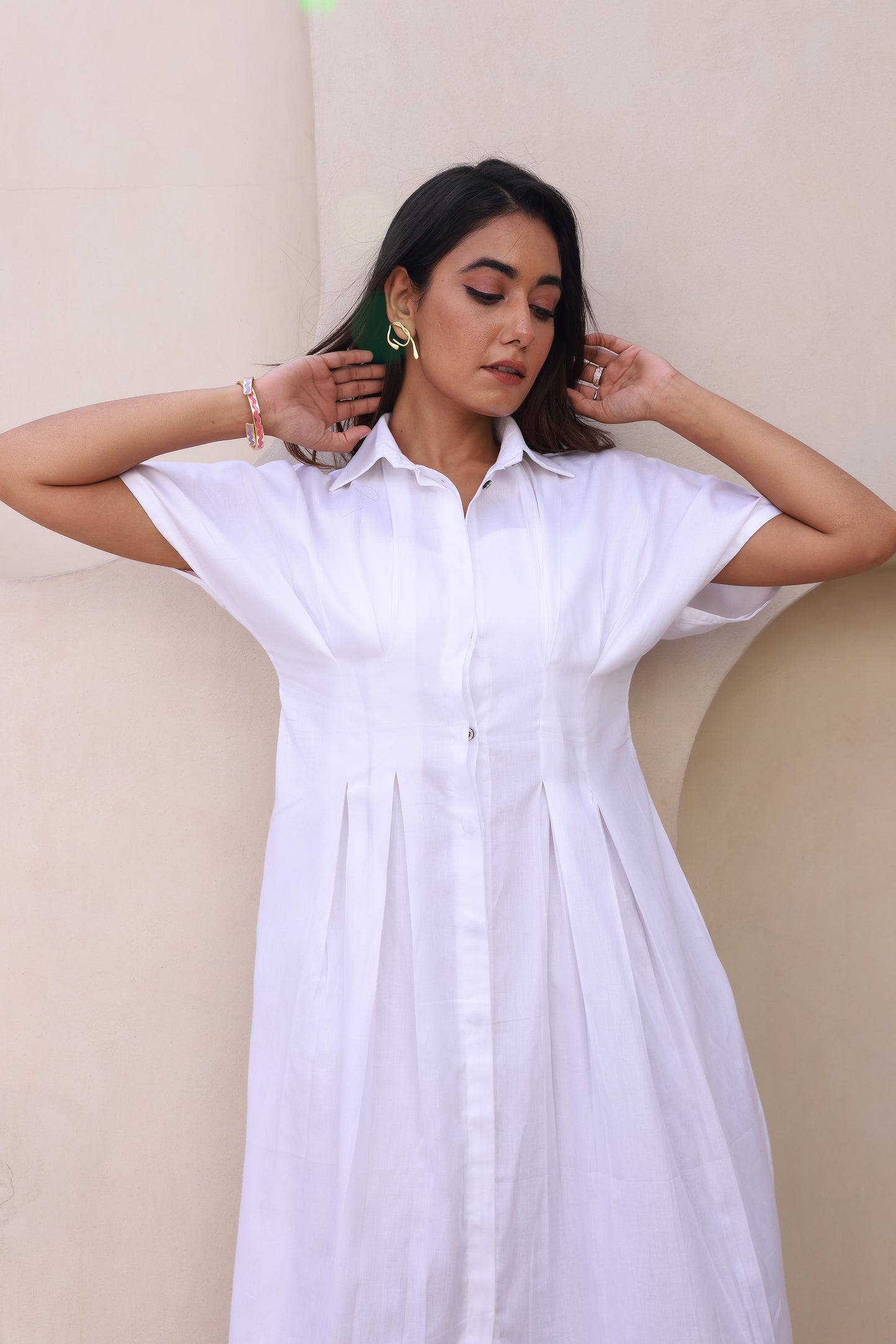 White Open Pleates Maxi Shirt Dress