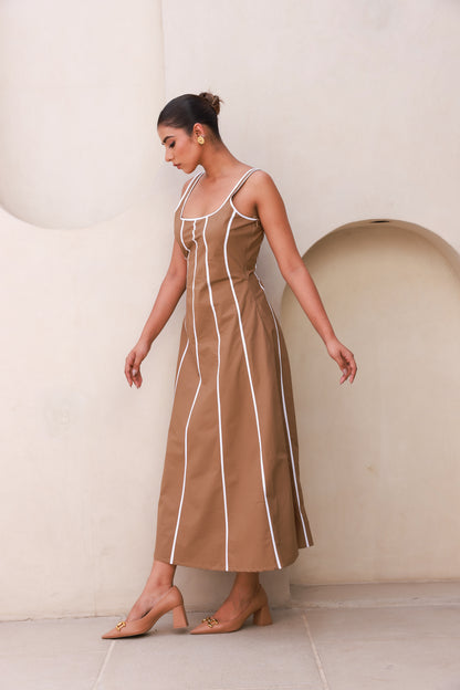 Beige Maxi Dress with Contrast White Piping