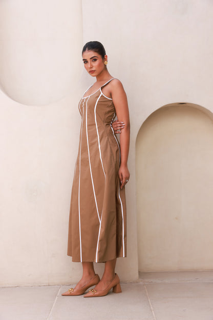 Beige Maxi Dress with Contrast White Piping