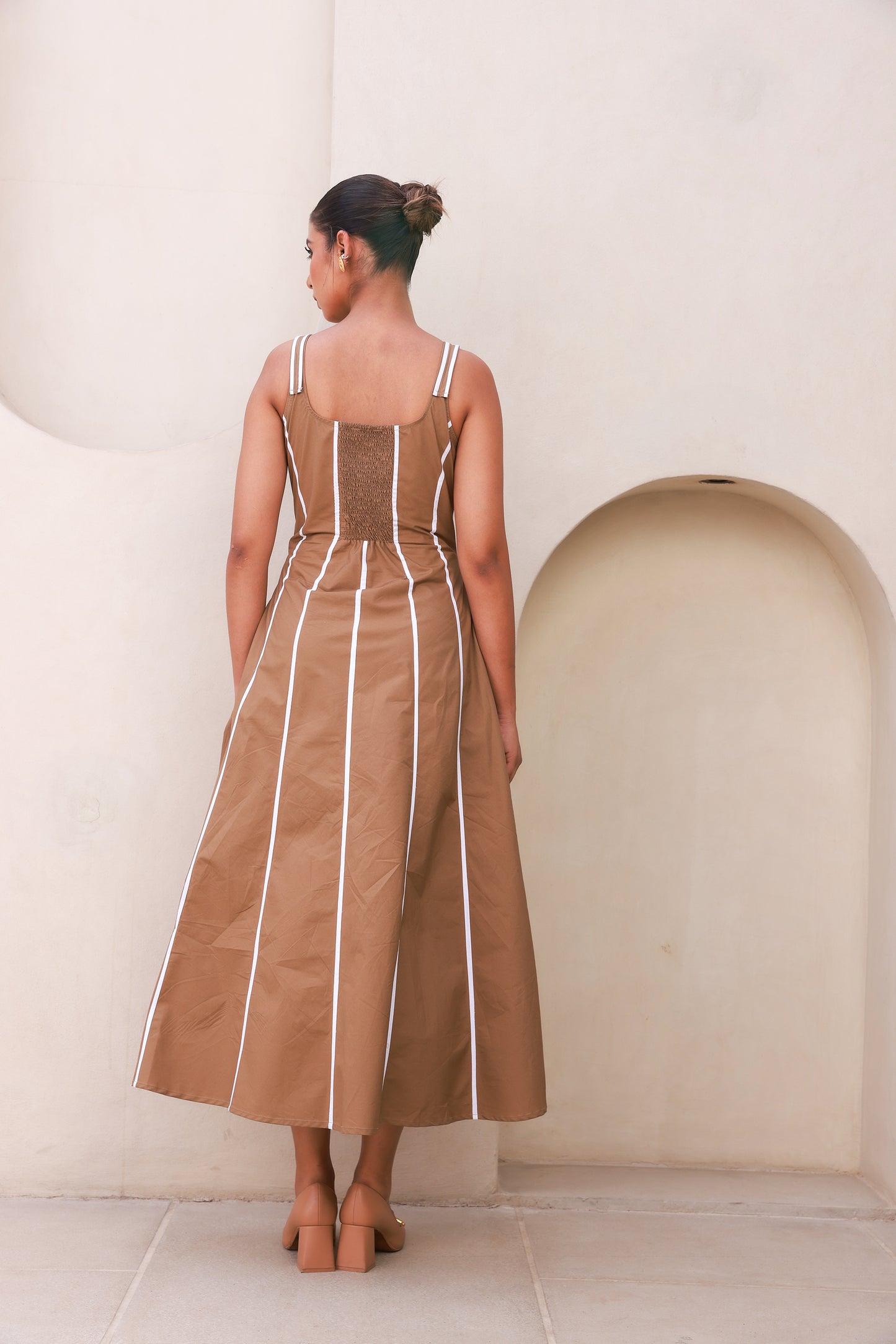 Beige Maxi Dress with Contrast White Piping