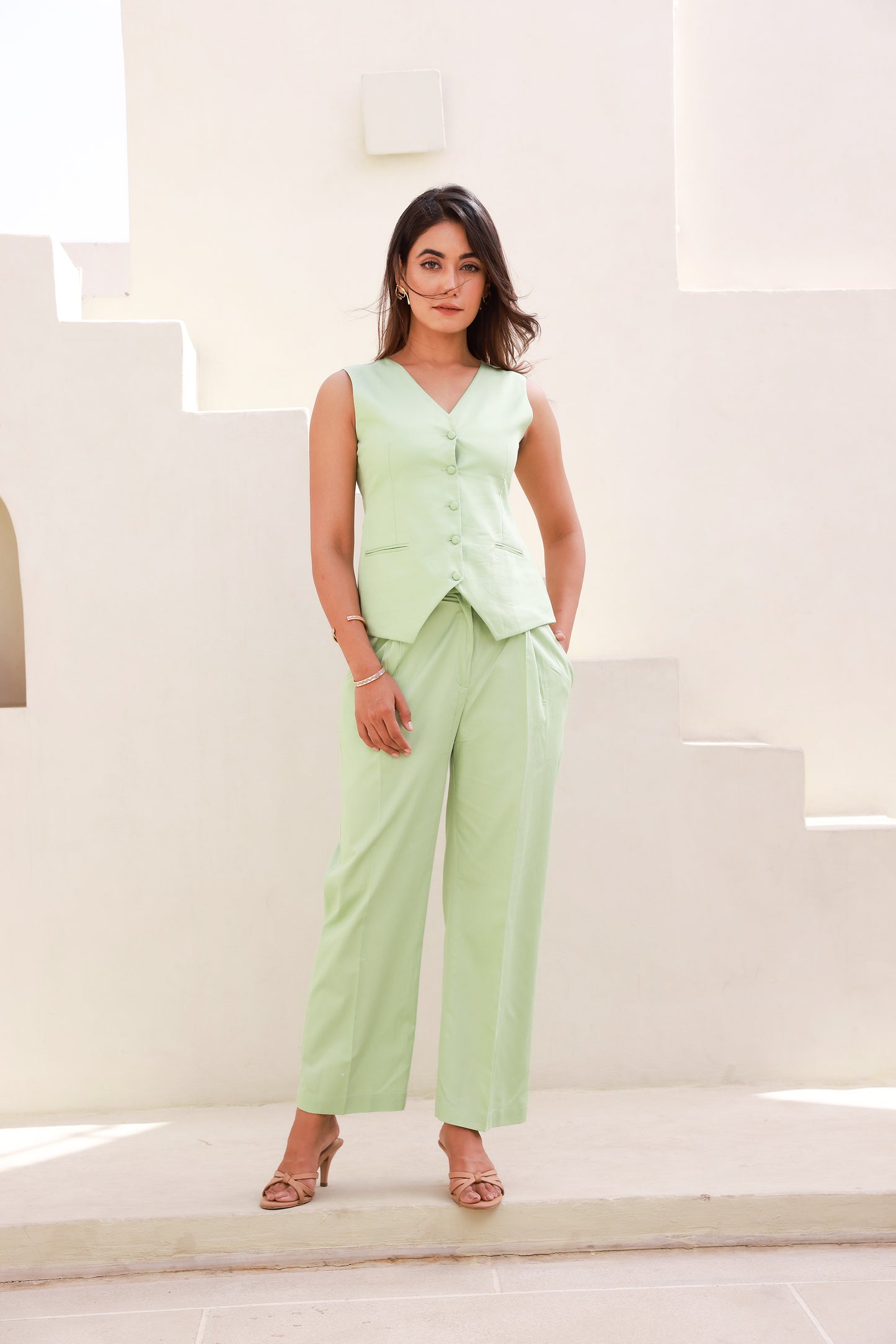 Straight Pants Set with Dull Green Waistcoat