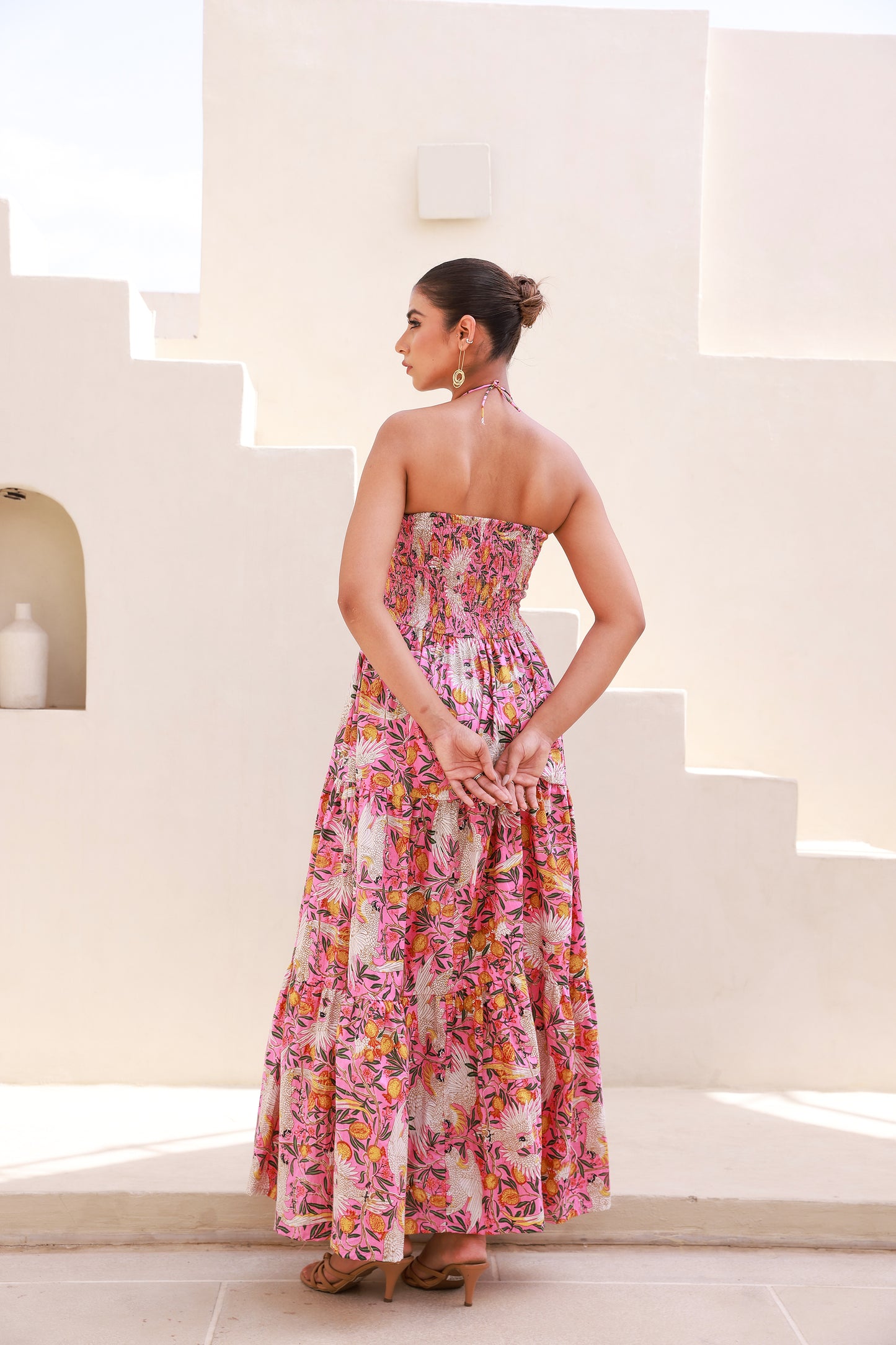 Pink Printed Maxi Dress with Front Waist Cut-out and Halter Strap