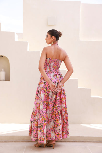 Pink Printed Maxi Dress with Front Waist Cut-out and Halter Strap