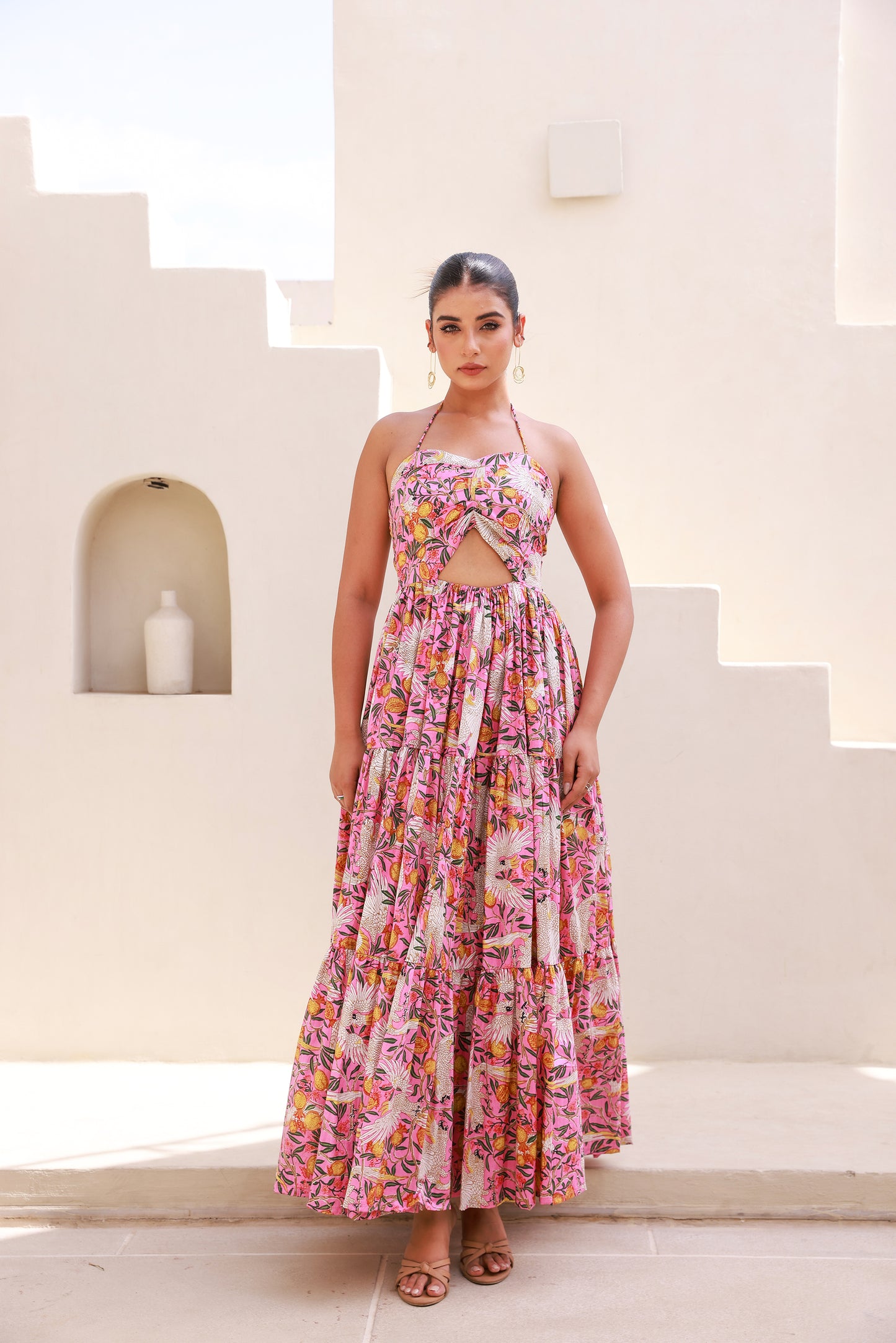 Pink Printed Maxi Dress with Front Waist Cut-out and Halter Strap
