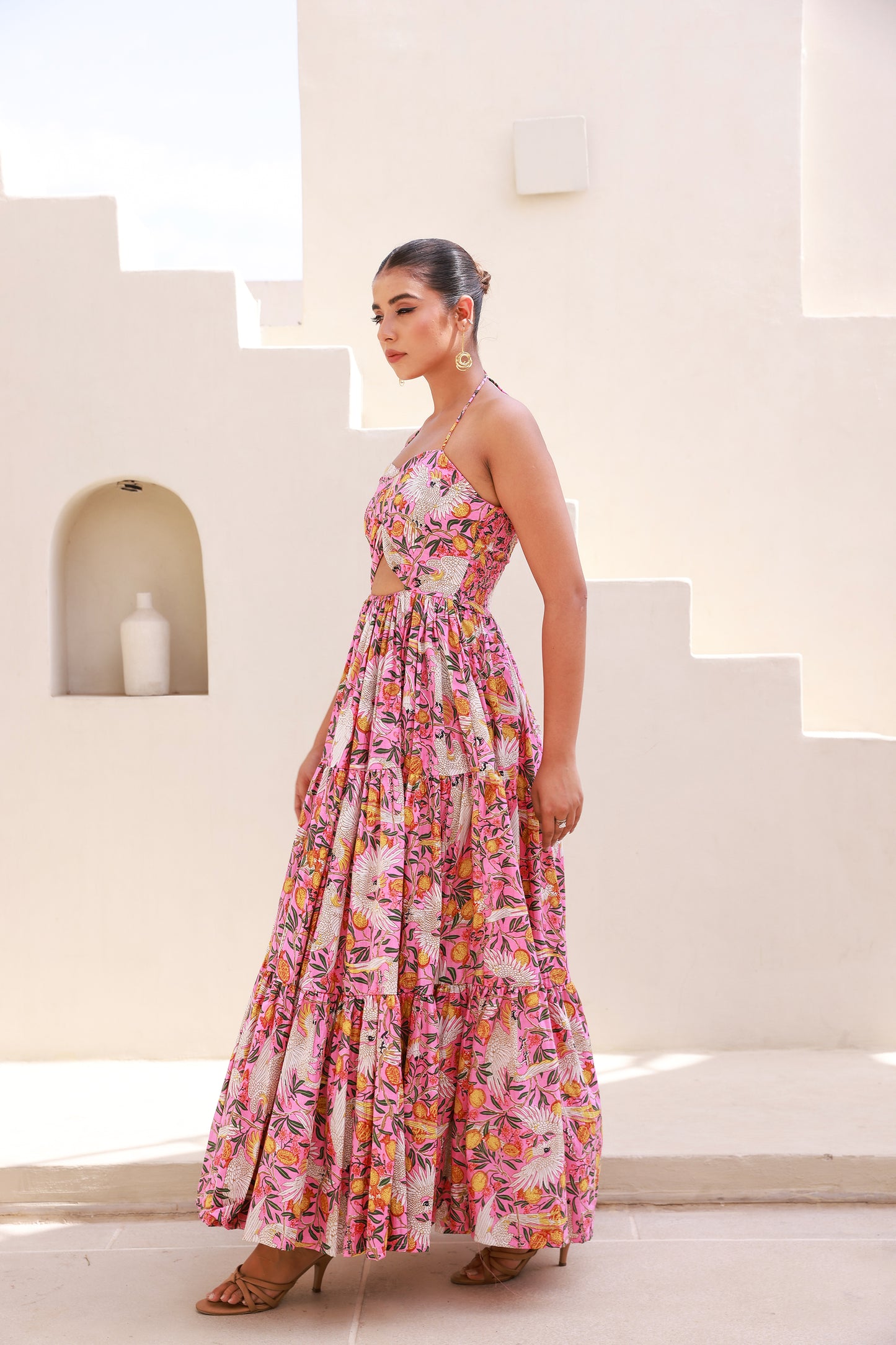 Pink Printed Maxi Dress with Front Waist Cut-out and Halter Strap