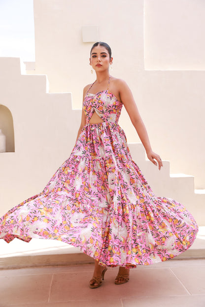 Pink Printed Maxi Dress with Front Waist Cut-out and Halter Strap
