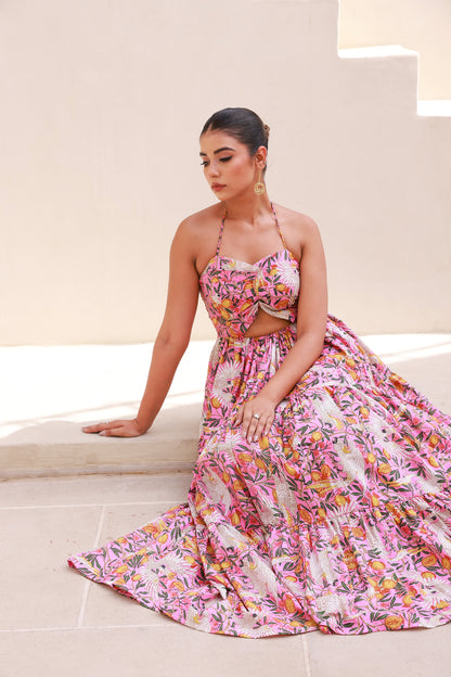 Pink Printed Maxi Dress with Front Waist Cut-out and Halter Strap