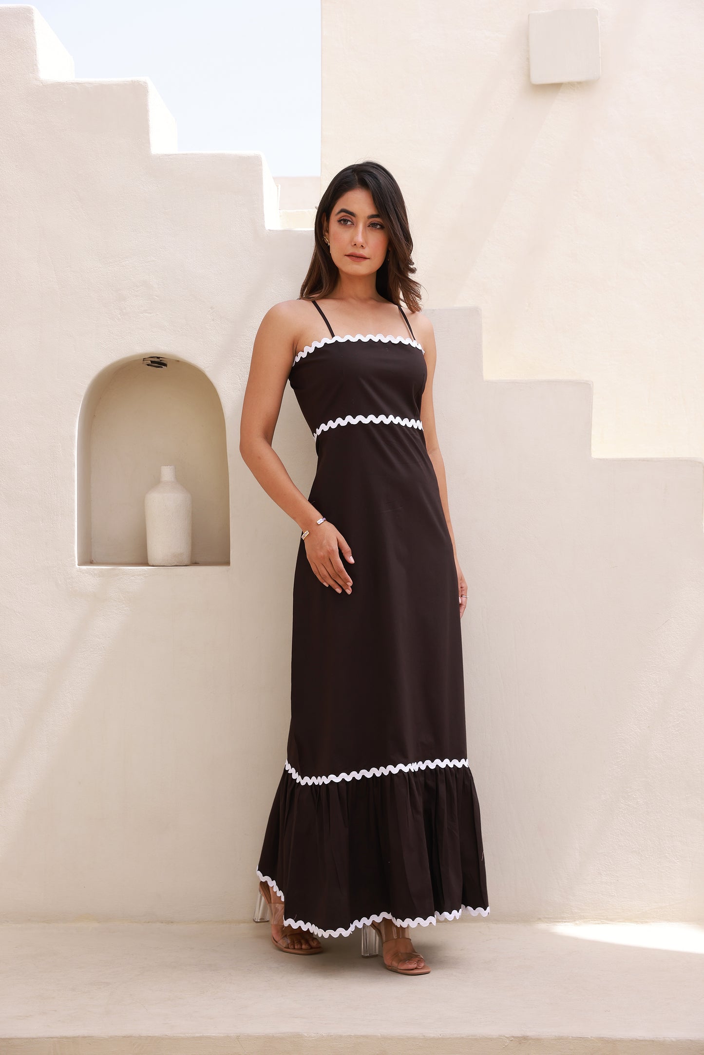 Zic-Zac Contrast Lace Dark Black A-Line Maxi dress