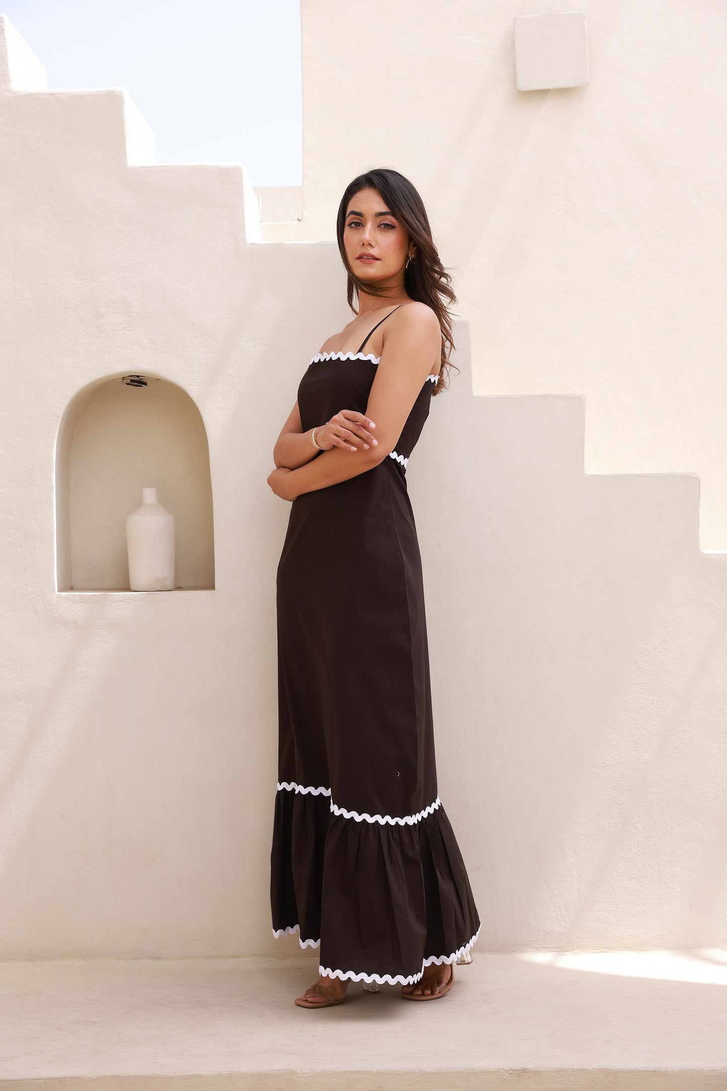 Zic-Zac Contrast Lace Dark Black A-Line Maxi dress